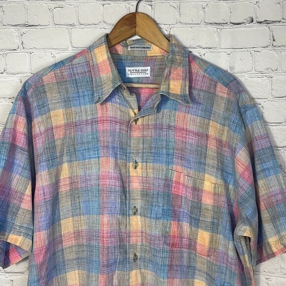 Tuttle Golf Collection Plaid Shirt Hand Woven Madras Pink Purple Mens size L - Picture 2 of 9